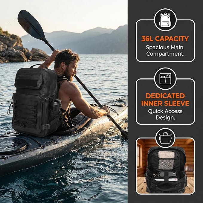 Miramrax Dry Bag Waterproof Backpack 30L Tactical Backpack for Kayaking Hiking Boating Paddle Boarding Fishing Travel Camping Beach Floating Dry Bag for Men Women (Black)