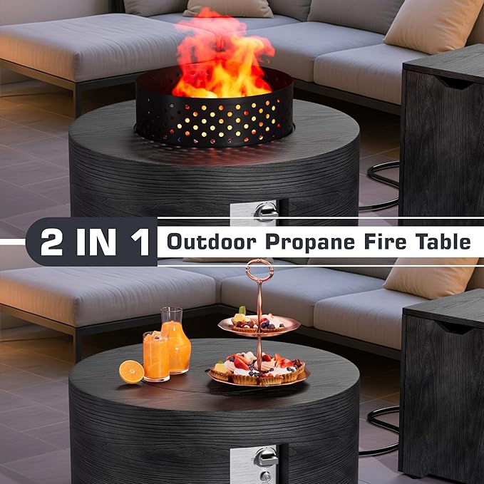 2-Piece 30 Round Propane Fire Pit for Outside Patio with Hidden Tank Table 50000 BTU Fireplaces with Wind Guard Lid Glass Rocks Cover(Wood Grain Ebony)