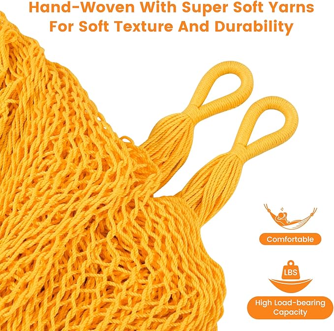 Lazy Daze Hammocks Handwoven Mayan Hammock 10.5 FT Soft Rope Double Hammocks Portable Outdoor Hammock with Carry Bag 2 Straps &amp Carabiners for Patio Outside 550 lbs Weight Capacity Yellow