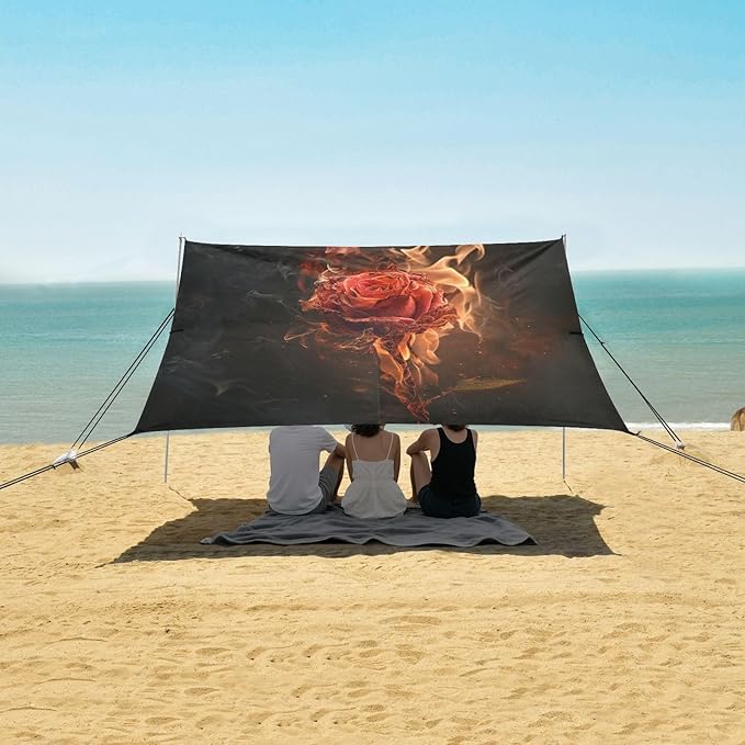ALAZA Red Rose Flower Fire Beach Tent Sun Shelter UPF50+ Protection Beach Shade Canopy w/ 4 Sandbags for Outdoor Camping Fishing Backyard Fun Picnic 10x9 ft