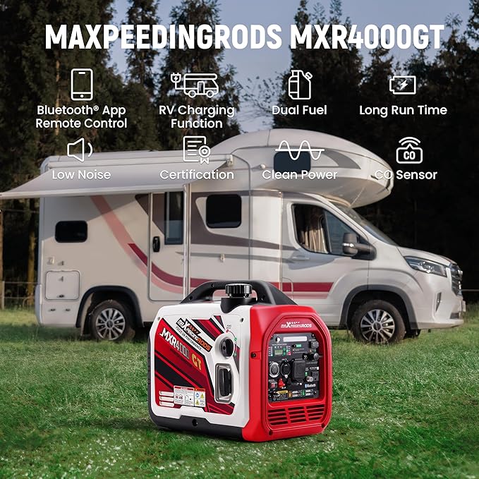 maXpeedingrods 4000 Watt Dual Fuel Inverter Generator with Bluetooth® Control Start and Display RV Ready Electric Start Quiet for Outdoor Camping Home Backup GardenPGMA Compliant