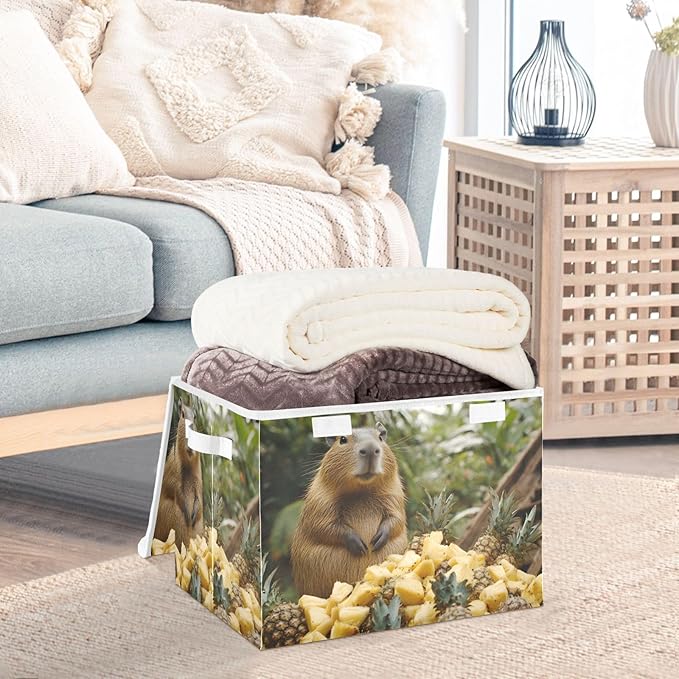 AIXIWAWA Lidded Storage Cube (Capybara Pineapple) Fabric Foldable Closet Bins with Flip Lid and Handles Organizer Basket Container 16.5 x 12.6 x 11.8 IN