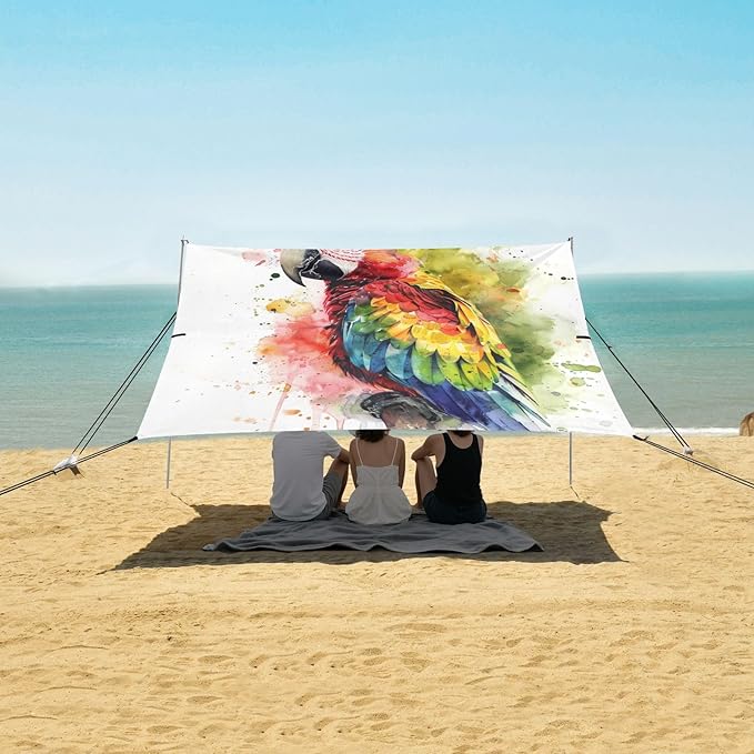 ALAZA Parrot Portrait Beach Tent Sun Shelter UPF50+ Protection Beach Shade Canopy w/ 4 Sandbags for Outdoor Camping Fishing Backyard Fun Picnic 10x9 ft
