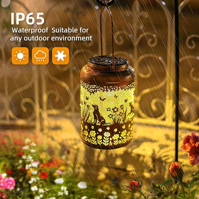 2Pack Dog Solar Lanterns Outdoor Waterproof Garden Decor Solar Lights Birthday Gifts for Women Mom Grandma Hanging Lantern LED Light Metal Dog Decoration Outside for YardLawnPorchPatioTabletop