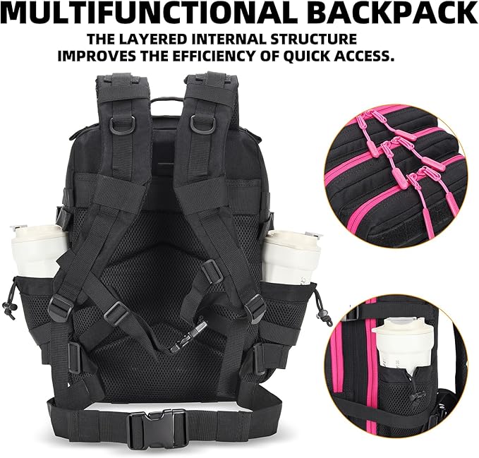 Lovelinks21 25L Tactical Military Backpack Small Travel Backpack for Men and Women Assault Pack Bug Out Bag Molle Daypack Gym Backpack with Bottle Holder (Black Neon Pink)