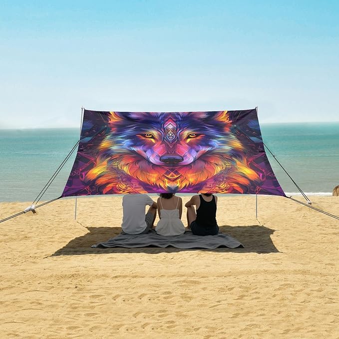 ALAZA Wolf Colorful Beach Tent Sun Shelter Portable Canopy Sunshade for Outdoor Camping Picnics Backyard Fun 10x9 ft