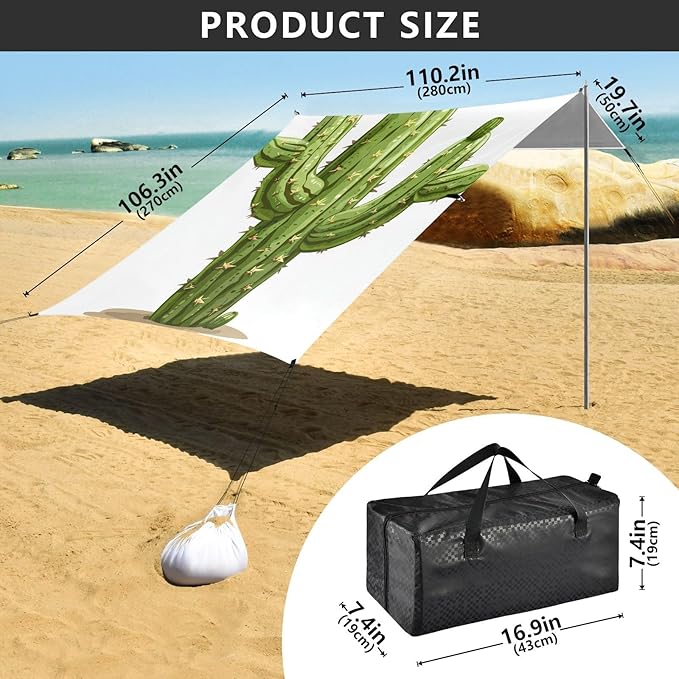 ALAZA Cactus Cartoon Isolated on White Beach Tent Sun Shelter Portable Canopy Sunshade for Outdoor Camping Picnics Backyard Fun 10x9 ft