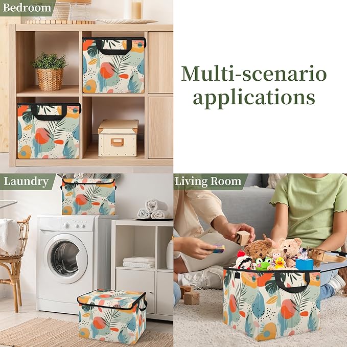 Boho Leaf Storage Bins with Lids Mid Century Foldable Storage Boxes with Carrying Handle Organizer Containers Baskets Cube for Home Bedroom Closet