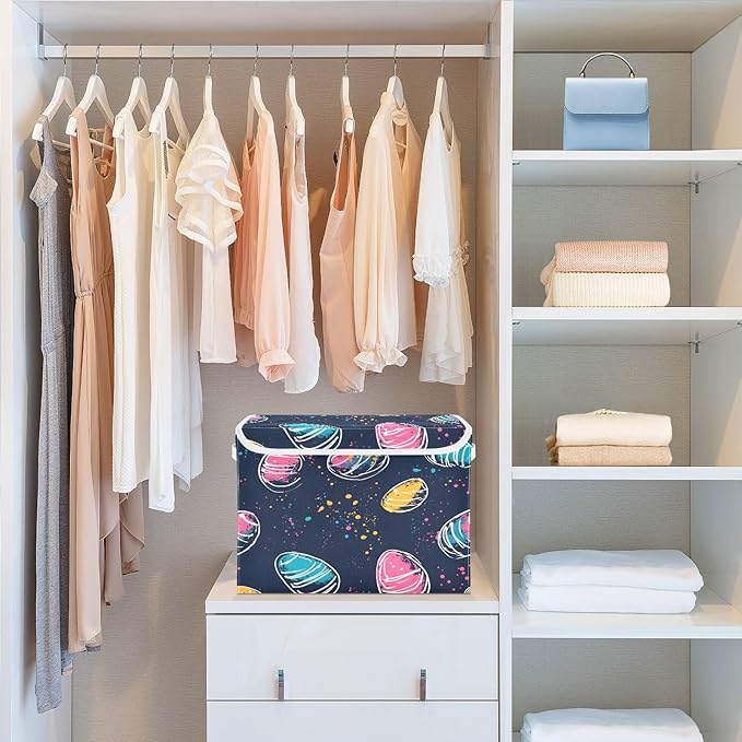 Christmas Storage Baskets with Lids Easter Egg Colorful Collapsible Bins Stackable Fabric Linen Baskets Closet Organizer Container 16.5x12.6x11.8