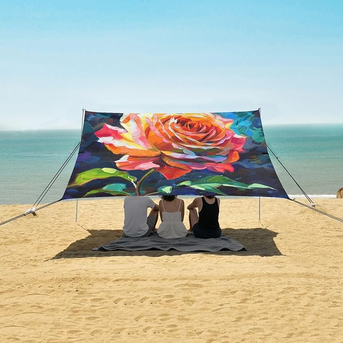 ALAZA Rainbow Rose Flower Painting Beach Tent Sun Shelter UPF50+ Protection Beach Shade Canopy w/ 4 Sandbags for Outdoor Camping Fishing Backyard Fun Picnic 10x9 ft