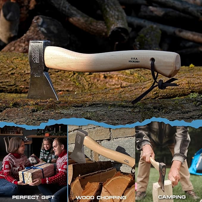 Prandi German Style Camping Hatchet - 1.32lb C43/C45 Carbon Steel Axe with 14” Hickory Handle - Professional Bushcraft Tool for Firewood Splitting &amp Carving
