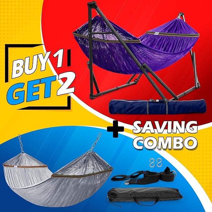 Tranquillo Combo x2 Hammocks with Stand for Outside &amp Tree Straps Heavy Duty Hammock with Stand 600lbs for Indoor Outdoor Patio Backyard x2 Hammocks for 2 Person (Combo - Purple Medium)
