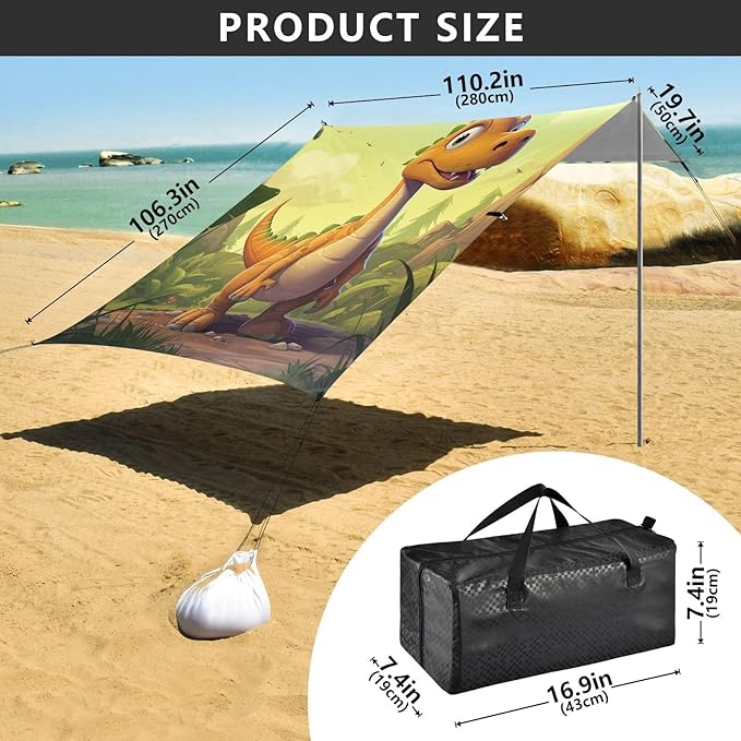 ALAZA Cute Cartoon Dinosaur Beach Tent Sun Shelter Portable Canopy Sunshade for Outdoor Camping Picnics Backyard Fun 10x9 ft