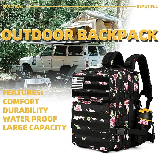Lovelinks21 25L Tactical Military Backpack Small Travel Rucksack for Men and Women Assault Pack Bug Out Bag Molle Daypack Gym Backpack with Bottle Holder (Peony)