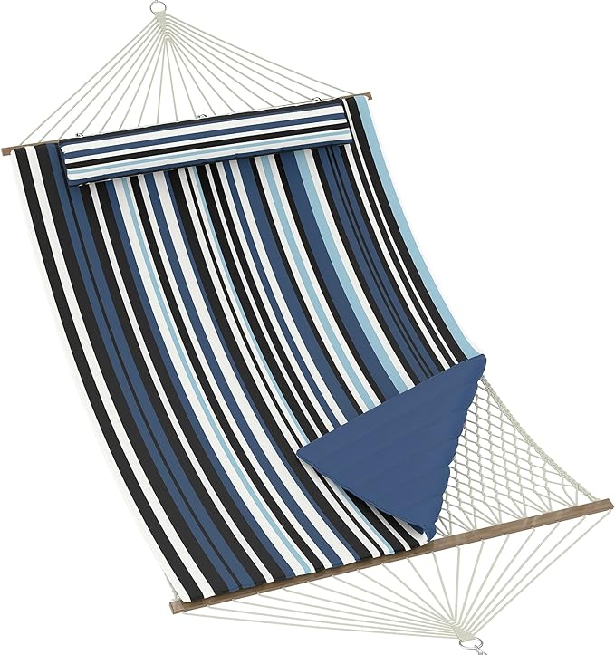 2 Person 12FT Hammocks for Outside Double Quilted Fabric Outdoor Hammock with Spreader Bar Large Removable Pillow Storage Pockets Carabiners Max 450 Lbs Capacity