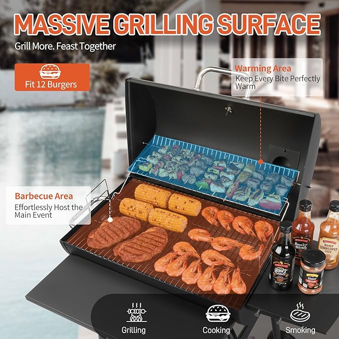 Outvita Barrel Charcoal Grill with Warming Rack Outdoor BBQ Grill with Side Front Table with Nearly 564 Sq.In. Cooking Grid Area for Backyard Patio Picnic Parties Camping Black