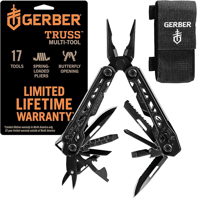 Gerber Gear Truss 17-in-1 Multitool with Pocket Knife and Needle Nose Pliers - Gifts for Men Compact EDC Gear Black with Standard Sheath