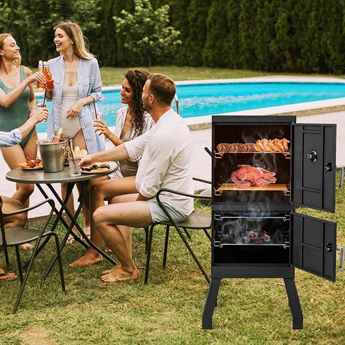 Giantex Outdoor Smoker with Double Doors 2 Detachable Grill Netting Smoking Racks Charcoal Pan &amp Water Pan 4 Air Vents Thermometer Vertical Charcoal Smoker for Barbecue Camping Backyard Grill