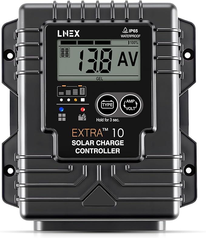 LNEX Solar Charge Controller Waterproof 10A Solar Panel Regulator with Temp SensorBacklit LCD 12V/24V PWM Solar Controller for LiFePO4AGM Gel Flooded and Lithium Battery