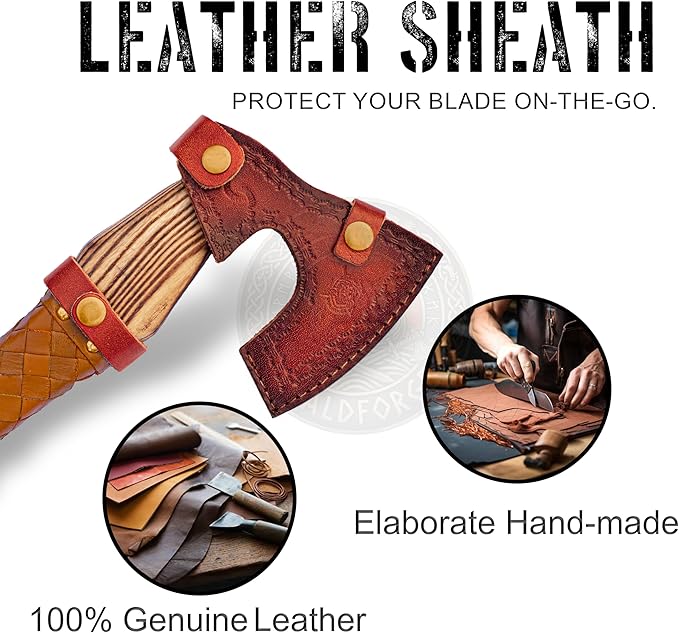 Hand Forged Viking Axe with Leather Sheath – Carbon Steel Blade Rosewood Handle – 13 Inch Nordic Axe Handmade Collectible - Best Birthday and Wedding for Him and Her