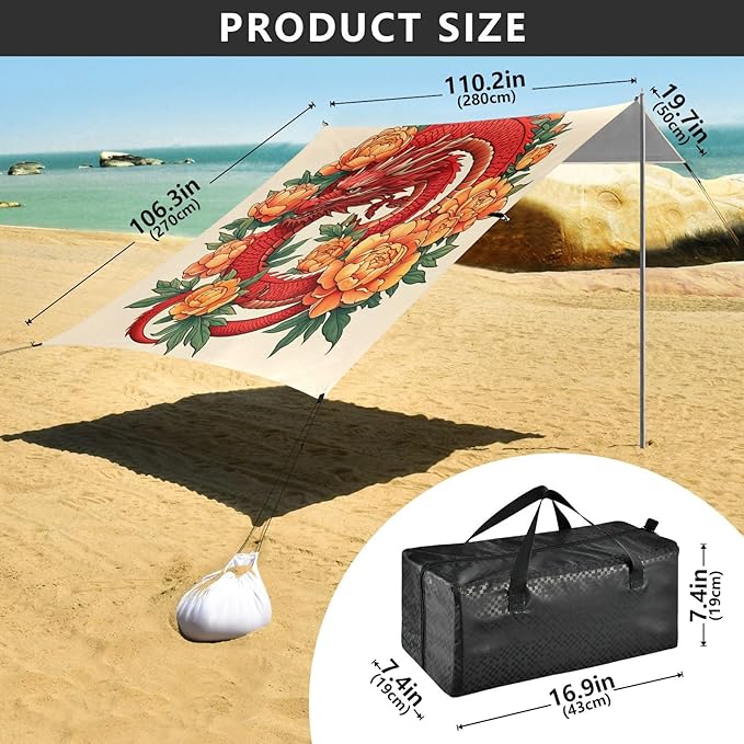 xigua Dragon Pattern Beach Tent Sun Shelter with Carrying Bag - Silver Coated Oxford Fabric Beach Canopy for Beach Camping Fishing - Includes Windproof Ropes Sandbags &amp Stakes