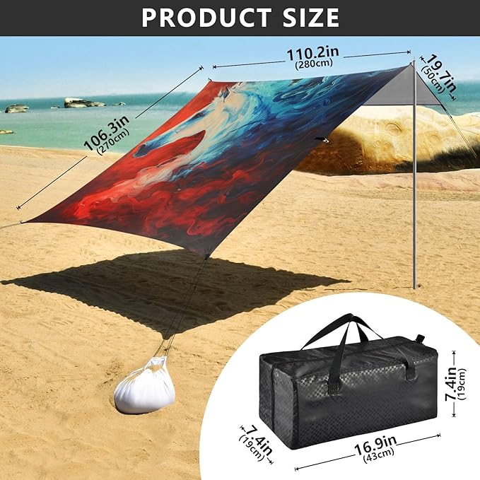 ALAZA Red &amp Blue Flame Horse Beach Tent Sun Shelter UPF50+ Protection Beach Shade Canopy w/ 4 Sandbags for Outdoor Camping Fishing Backyard Fun Picnic 10x9 ft