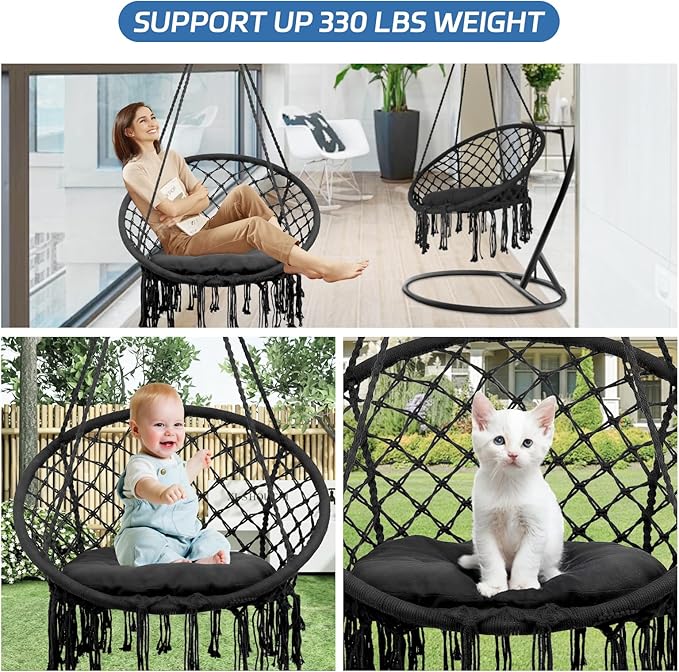 Hammock Chair Macrame Swing Cotton Rope Handwoven Hanging Chair 330 Pounds Capacity Macrame Tassels Hammock Swing for C-Hammock Stand Living Room Yard Garden Balcony (Black)