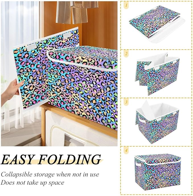 Holographic Leopard Print on Gradient Storage Container with Lid Stackable Tote Storage Bins for Organizing for Home