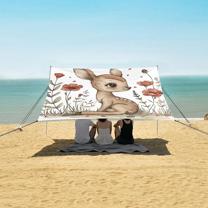 ALAZA Hand Drawn Cute Fawn Deer Poppy Beach Tent Sun Shelter Portable Canopy Sunshade for Outdoor Camping Picnics Backyard Fun 10x9 ft