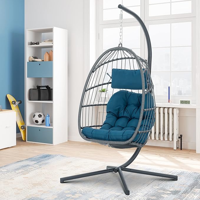 Brafab Wicker Rattan Hanging Swing Egg Chair Aluminum Frame and UV Resistant Cushion Indoor Outdoor Patio Porch Lounge Hand Made Chair 350LBS Capacity