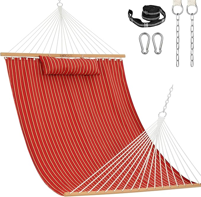 Lazy Daze Hammocks 12 FT Sunbrella Fabric Hammock not Fading with Spreader Bars and Free Pillow Fits for 2 Persons All Weather and Fade Resistant for Patio Yard 450 lbs Capacity Harwood Crimson