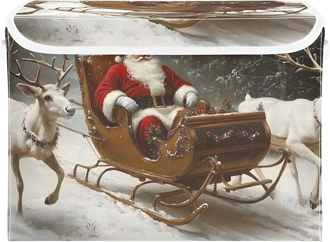 Collapsible Storage Bins Christmas Deers Santa Claus with Lids &amp Handles Foldable Storage Boxes Basket with Flip-Top Lid for Home Office 16.5” x 12.6” x 11.8”