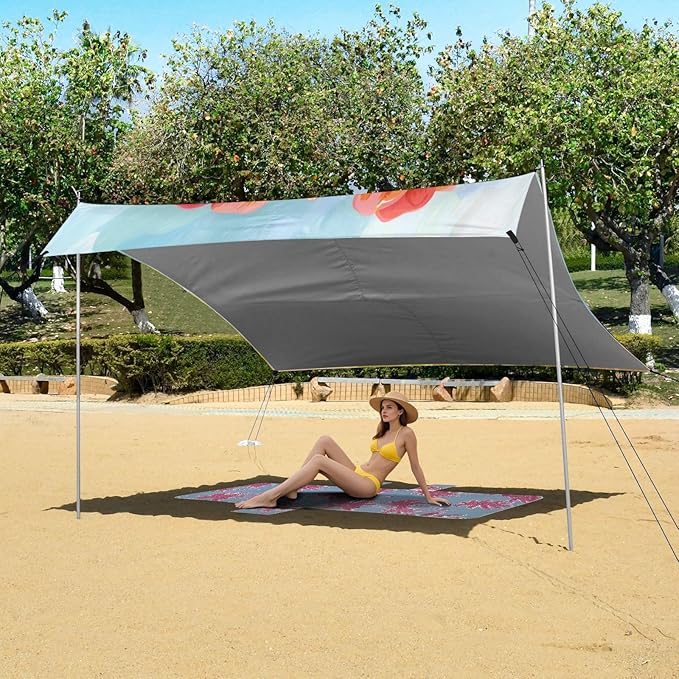 ALAZA Tulip Flower Floral Painting Beach Tent Sun Shelter UPF50+ Protection Beach Shade Canopy w/ 4 Sandbags for Outdoor Camping Fishing Backyard Fun Picnic 10x9 ft