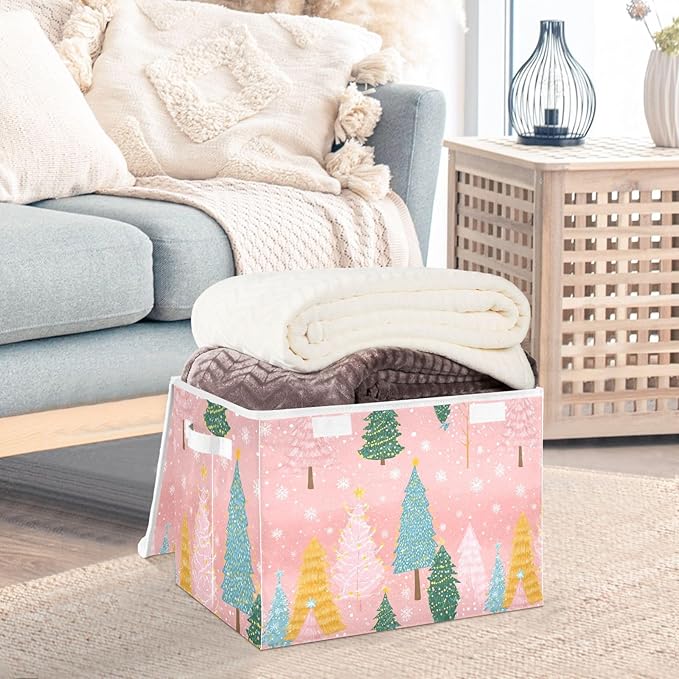 Pink Christmas Trees Storage Box with Lid 1 PC Foldable Storage Bin with Lids Stackable Storage Bins Cube Closet Organizer Basket with Flip-Top Lid &amp Handles for Shoes Books Towels