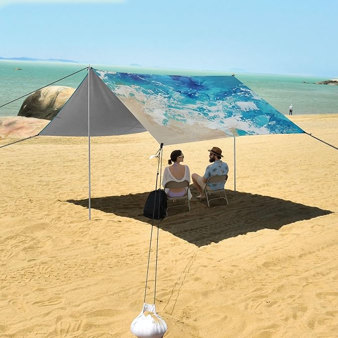 xigua Waves Beach Tent Sun Shelter with Carrying Bag - Silver Coated Oxford Fabric Beach Canopy for Beach Camping Fishing - Includes Windproof Ropes Sandbags &amp Stakes