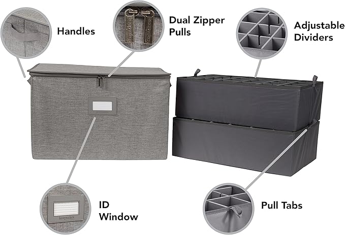 Covermates Keepsakes Adjustable Zip-Top Storage Box FlexGrid Organizer Compartments Heavy Duty Polyester Stackable Design ID Window Reinforced Handles Grey Heather