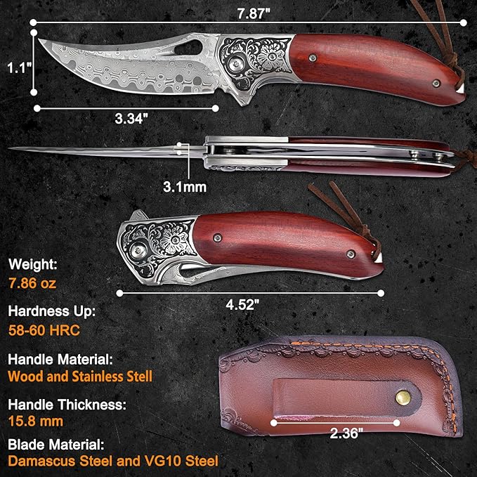 KOMWERO Damascus Pocket Knife for Men Women Sharp VG10 Core Damascus Steel Knife for Outdoor Camping Survival Hunting - Wood Handle Ball Bearing Leather Sheath Liner Lock