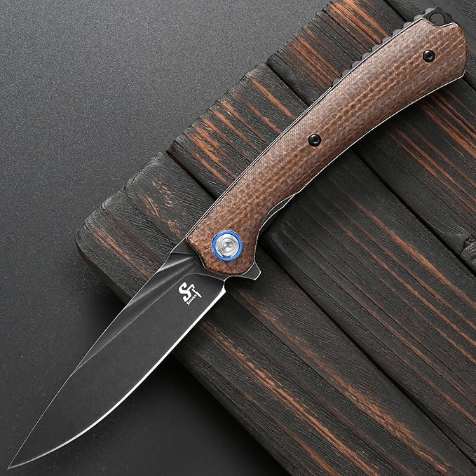 Sitivien ST144 Folding KnifeBlack Stonewashed 14C28N Steel BladeMicarta Handle Pocket Knife for Outdoor EDC CampingSurvivalHikingFishing(Brown)