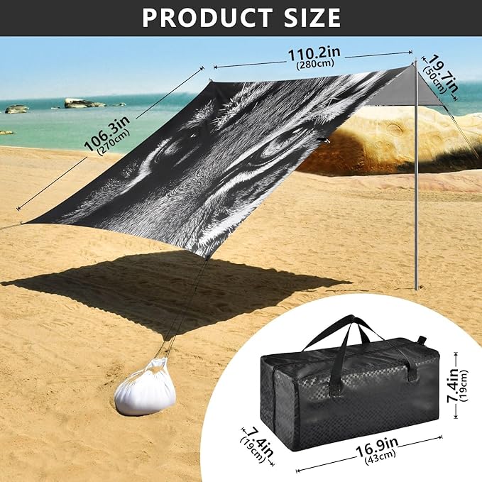Tiger Grey Beach Tent Sun Shelter Set UPF50+ UV Protection 10.5 x 9.19 FT Camping Shade Canopy with Sandbags Sand Anchors Carrying Bag and Others