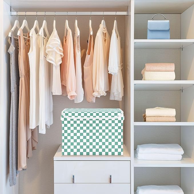 Green White Checkerboard Storage Baskets Lidded Bin Foldable Storage Boxes Cubes Lids with 2 Handles for Organizing Closet Home Office