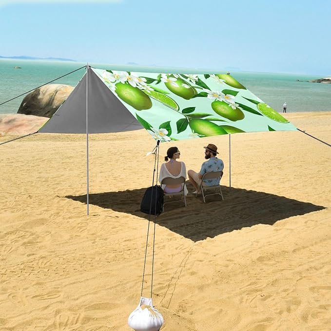 Beach Canopy with Windproof Ropes &amp Sandbags Beach Tent Sun Shade Sun Shelter for Camping Trips Fishing Backyard Fun or Picnics Lime