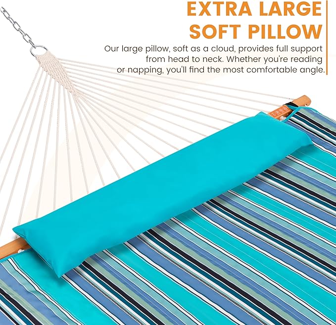 Lazy Daze Hammocks 2 Person Portable Hammock with 12FT Stand Double Hand Woven Cotton Rope Hammock with Detachable Quilted Pad &amp Pillow for Outside 450lb Capacity Blue Stripes