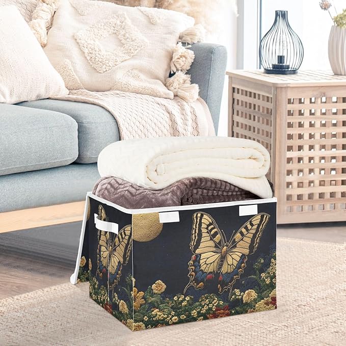 Storage Cube with Lid Floral Butterfly Moon Print 16.5×12.6×11.8 IN Collapsible Large Capacity Foldable Storage Basket Bin Organizer