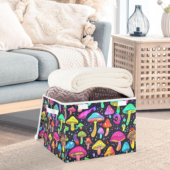 Anime Mushroom Storage Cube Bins Basket with Lid Collapsible Flip-top Fabric with Handle for Home Bedroom Closet Office 16.5×12.6×11.8 in
