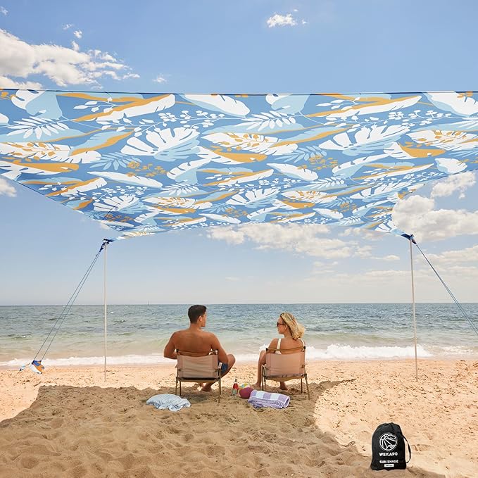 WEKAPO Beach Tent Sun Shelter - Easy Setup Beach Canopy with 4 Sturdy Poles Extra Large Sandbags and Shovel 7'8'' Tall Windproof Sun Shade for Backyard and Camping UPF 50+ Protection
