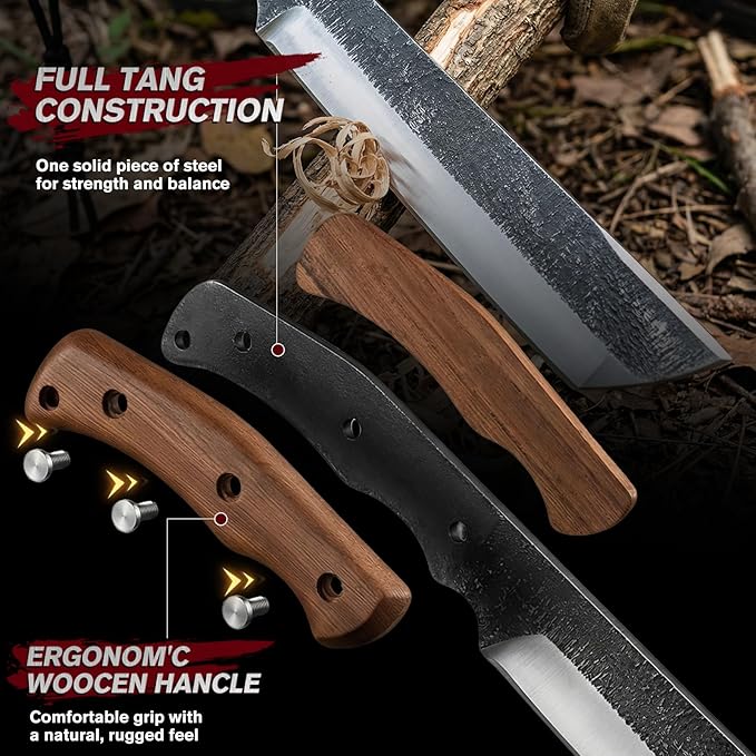 MDHAND Japanese Machete Knife with Ergonomic Full Tang Handle and Wood-Leather Sheath Heavy Duty High Carbon Steel Machete Knife for Bushcraft Survival Outdoor Hunting and Camping Gifts for Men