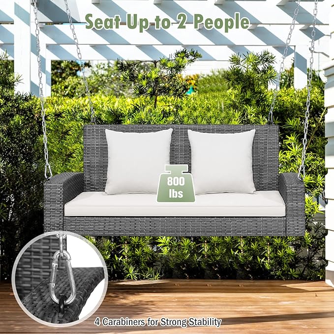 Tangkula 2 Person Wicker Hanging Porch Swing Patiojoy Outdoor Rattan Swing with Soft Cushions and 2 Rustproof Steel Chains 800 LBS Patio Swing Bench for Balcony Garden and Yard
