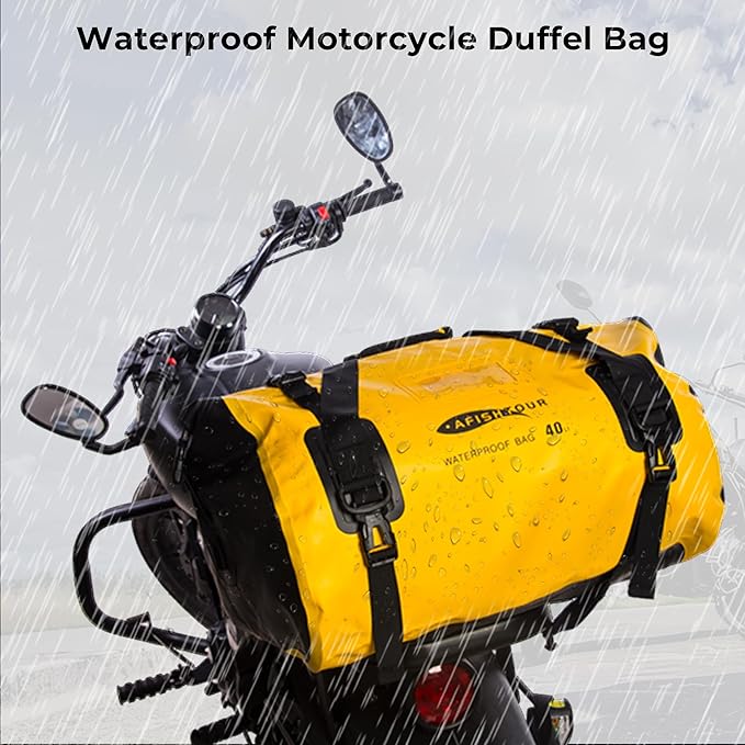 40L Waterproof Motorcycle Duffel Bag - Motorcycle Luggage Tail Bag with Straps for Back Seat - Roll Top Dry Bag for Kayaking Rafting Boating Camping Travel Beach (Yellow)