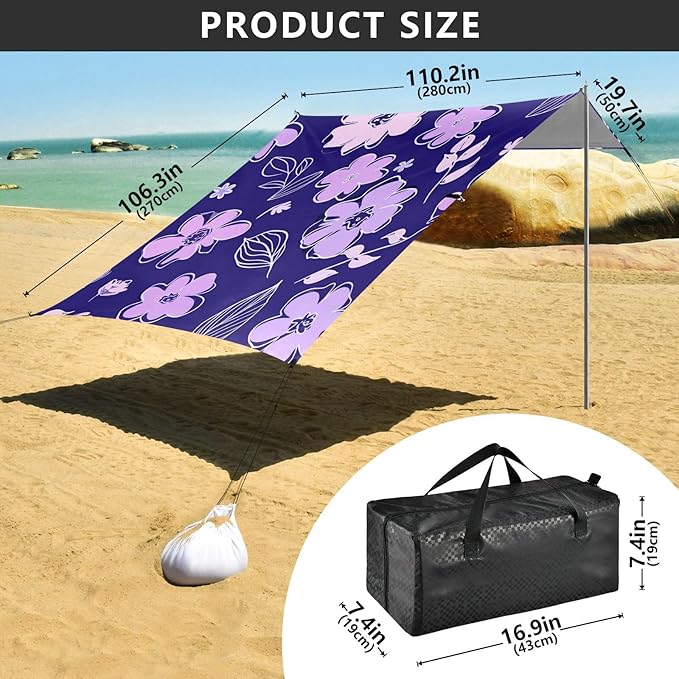 Beach Canopy with Windproof Ropes &amp Sandbags Beach Tent Sun Shade Sun Shelter for Camping Trips Fishing Backyard Fun or Picnics Purple Flowers