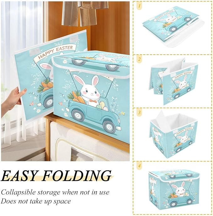 Christmas Storage Baskets with Lids Cartoon Easter Bunny Collapsible Bins Stackable Fabric Linen Baskets Closet Organizer Container 16.5x12.6x11.8